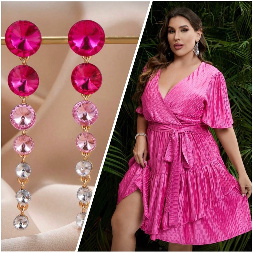 Elegant Pink Wrap Dress & Chandelier Earrings